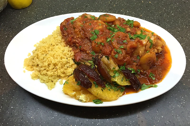 Chicken tagine with orange salad and fennel couscous