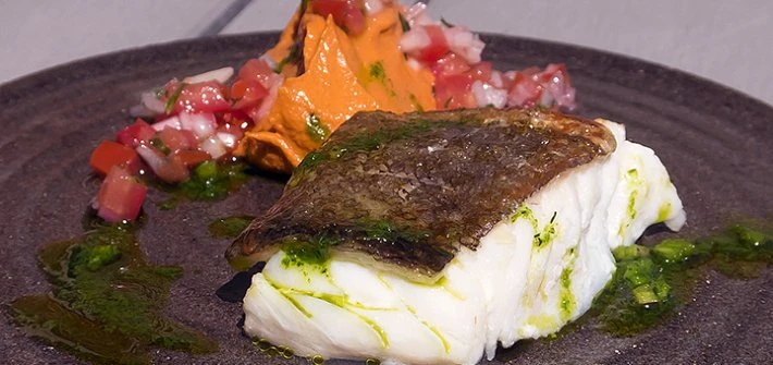 Cod with romesco and tomato salsa