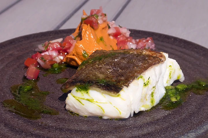 Cod with romesco and tomato salsa