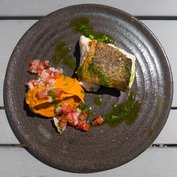 Cod with romesco and tomato salsa