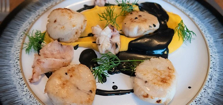 Scallops squid and butternut squash