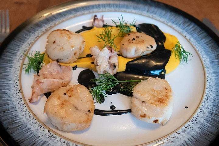 Scallops squid and butternut squash