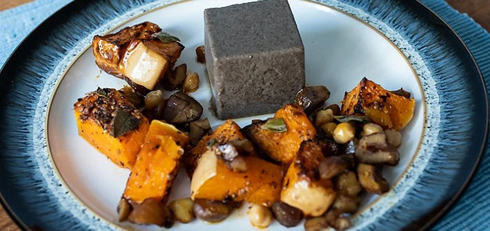 Vegan mushroom mousse with squash, chestnuts and sage