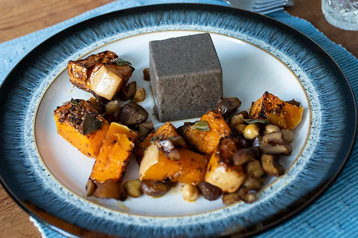 Vegan mushroom mousse with squash, chestnuts and sage